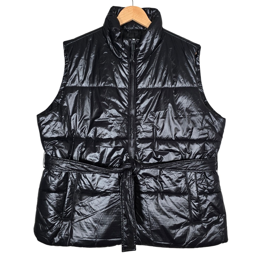NWT Calvin Klein Jeans Women's High Shine Puffer Vest Belted Black Zip Up XL